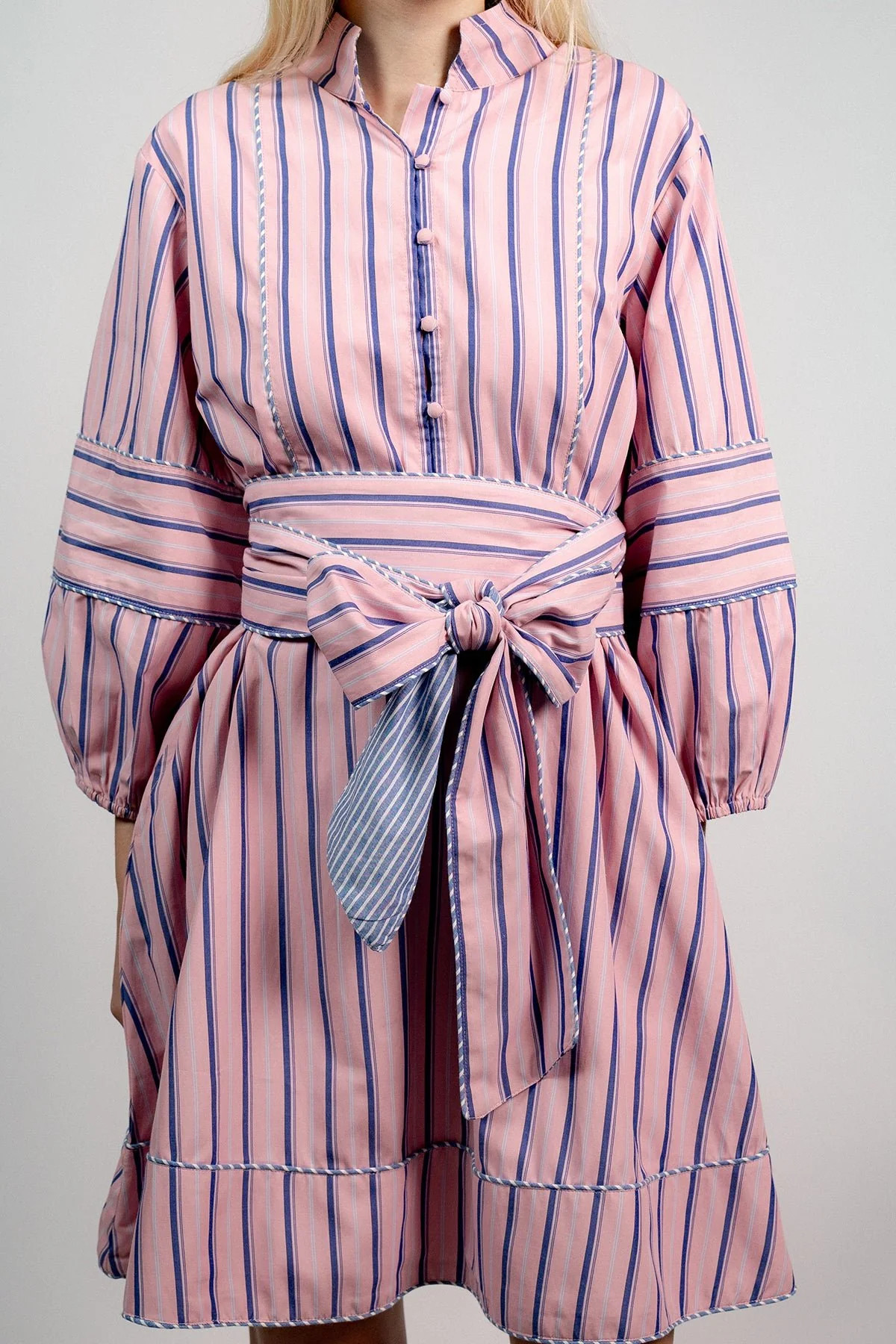 SUE SARTOR Flounce Shorty | Oxford Blue/Pink Stripe | SUE SARTOR