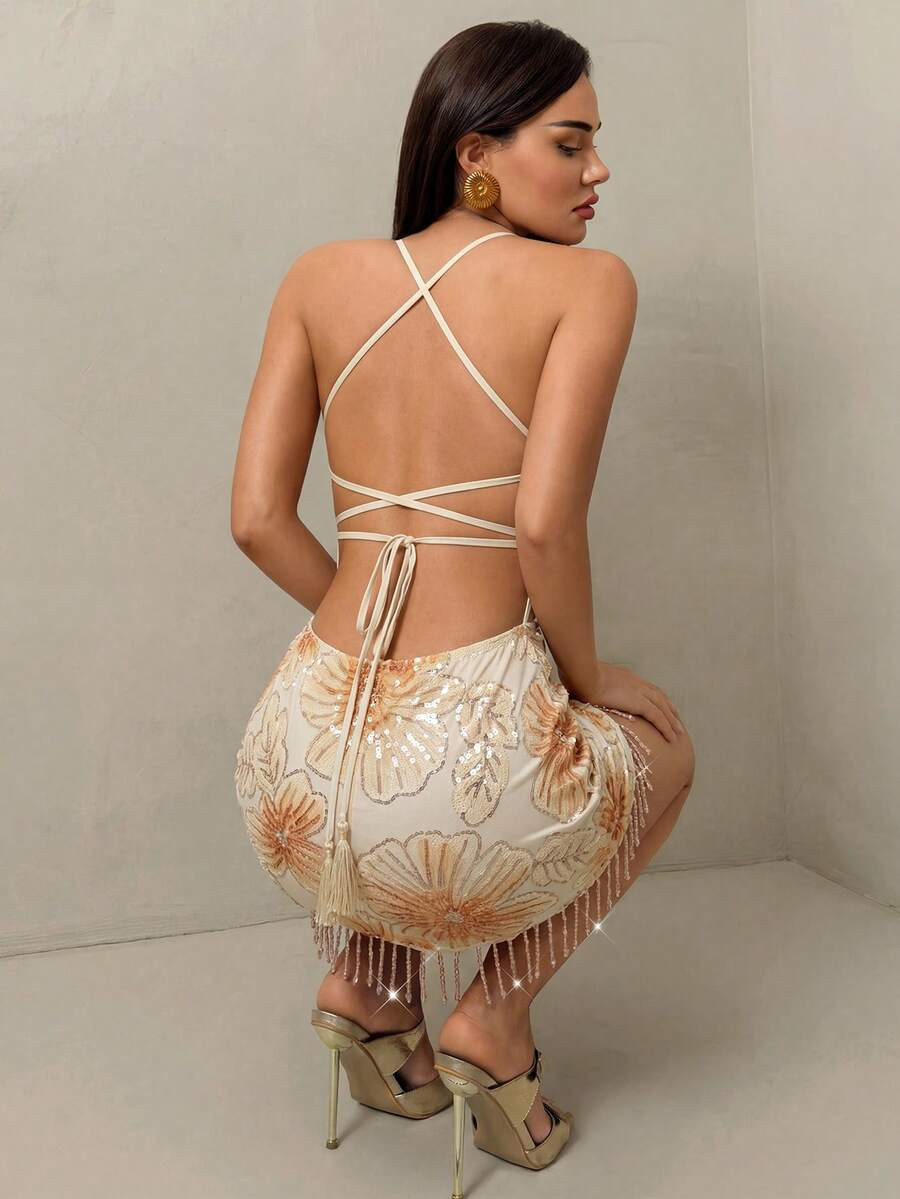 Glamine New Apricot Floral Sequin Backless Lace-Up Back Hem Tassels Glam Coquette Sexy V Neck Sho... | SHEIN