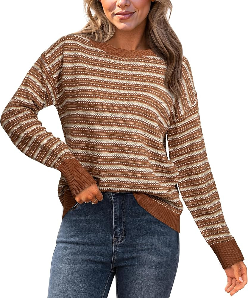 Glamaker Womens Sweaters Striped 2025 Fall Trendy Casual Long Sleeve Sweater Knit Jumper Tops Out... | Amazon (US)