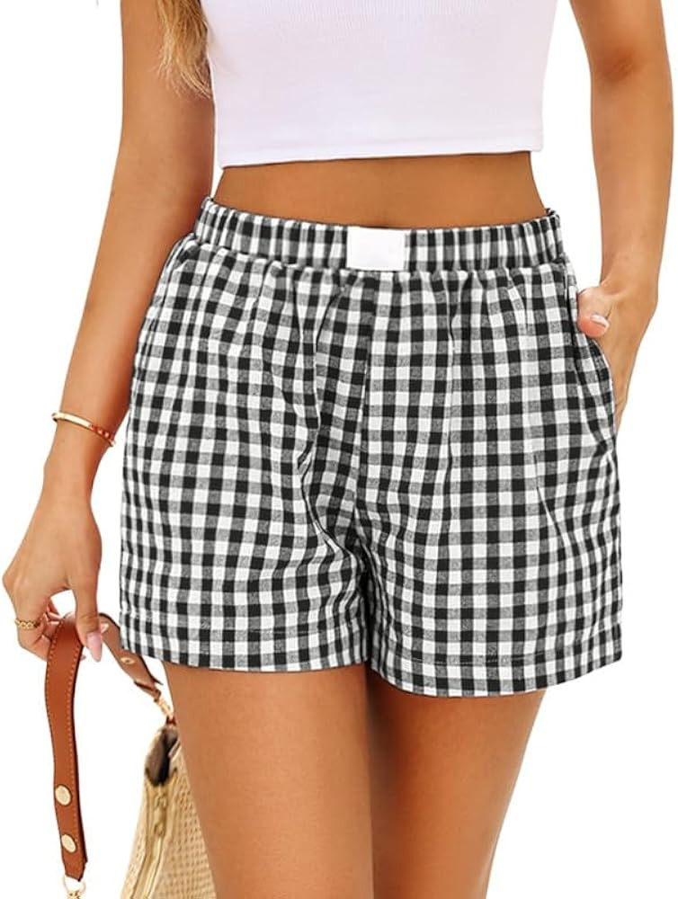 Marvmys Womens Boxer Shorts Cotton Plaid Gingham Shorts Summer Elastic Waist Pajama Bottoms with ... | Amazon (US)