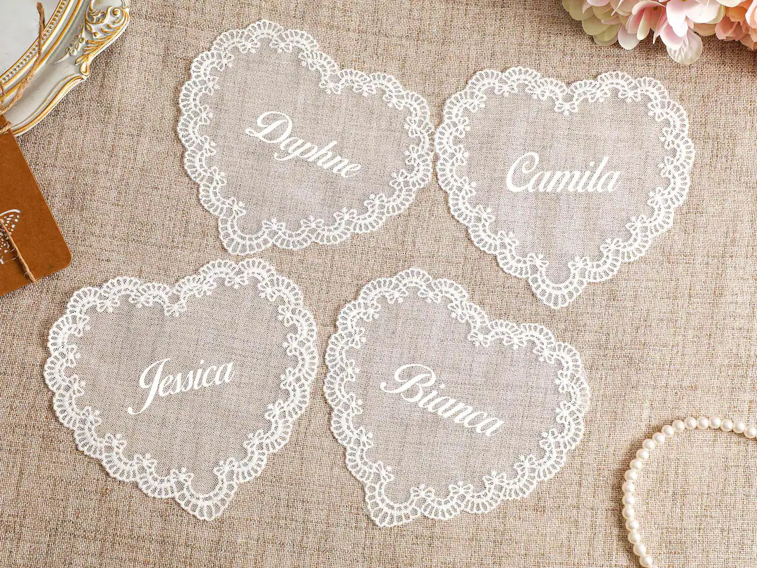 Personalized Lace Wedding Place Cards,Custom Wedding Name Cards,Heart Lace Name Cards,Romantic Pl... | Etsy (US)