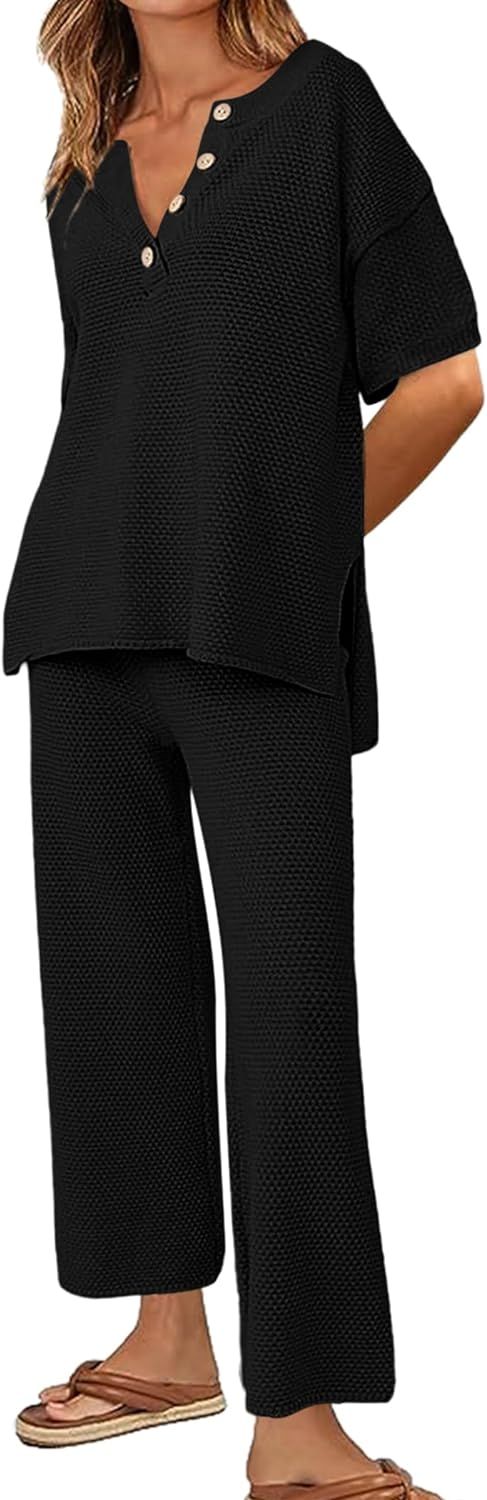 Ekouaer Lounge Set for Women 2 Piece Outfits Knit Short Sleeve Sweater Top Wide Leg Long Pants Pa... | Amazon (US)