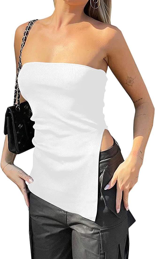 Lauweion Women's Strapless Knit Bandeau Tube Top Asymmetrical Slit Hem Solid Slim Fitted Y2K Sexy... | Amazon (US)