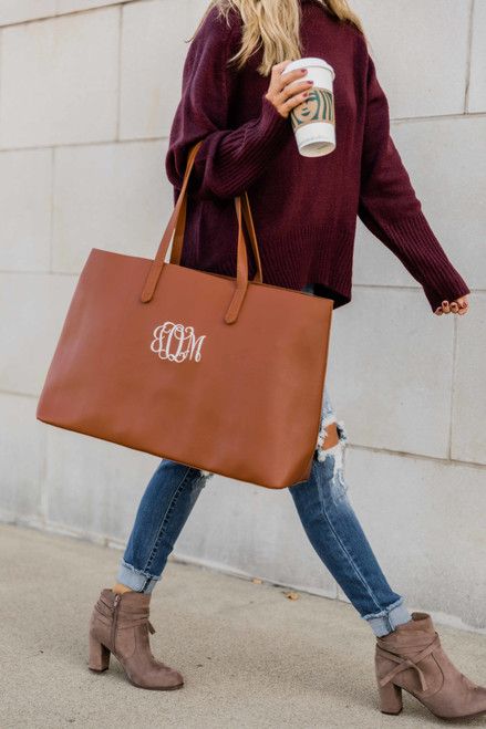 Best First Impression Brown Monogrammed Tote | The Pink Lily Boutique