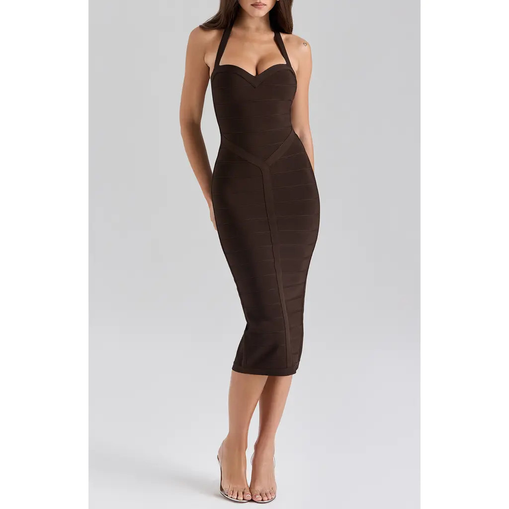 HOUSE OF CB The Supermodel Halter Neck Bandage Midi Dress in Chocolate at Nordstrom, Size Large | Nordstrom