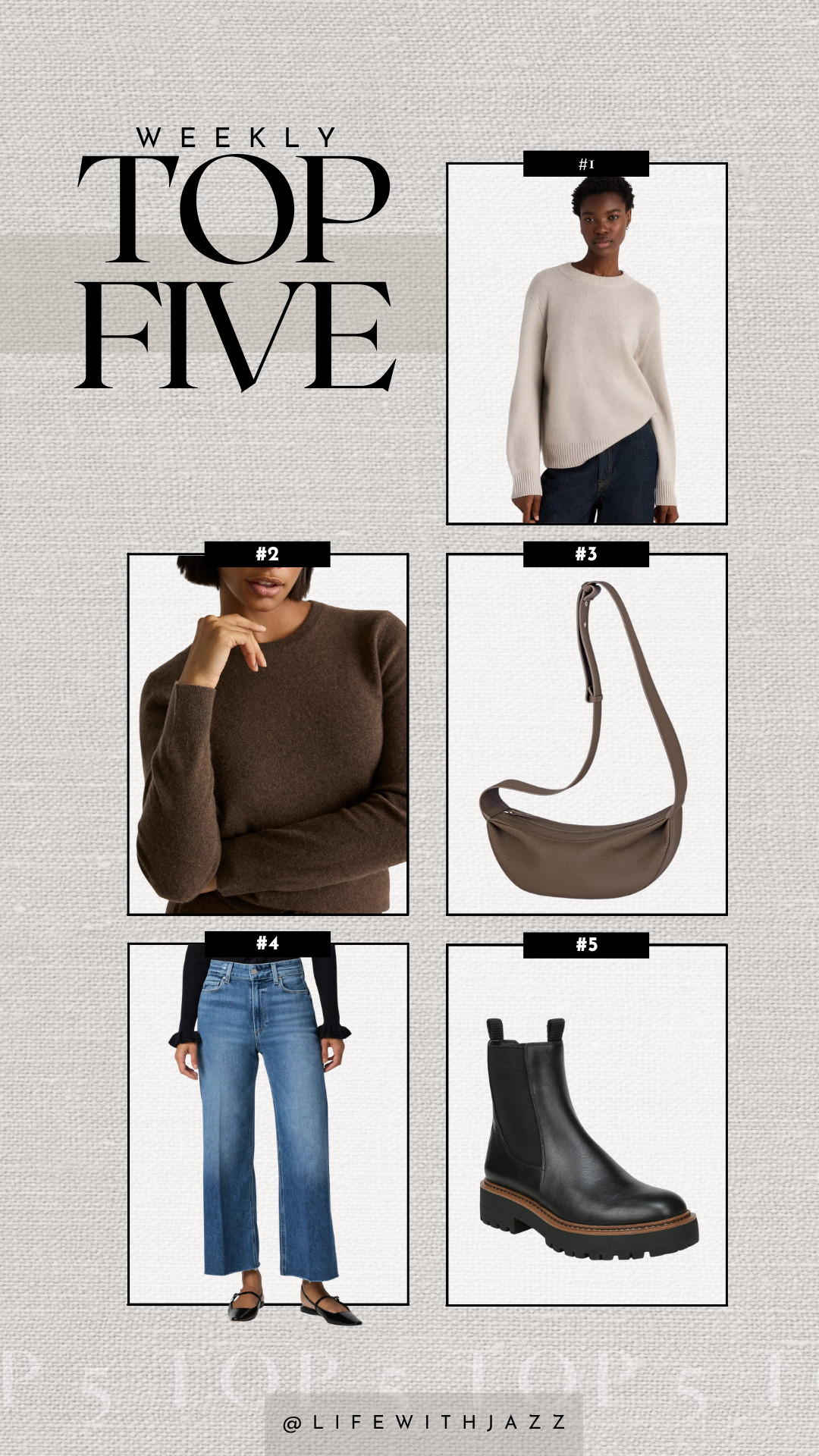 this week's bestsellers: 

1. Quince oversized cashmere sweater -- comes in several colors 
2. Quince cashmere sweater -- under $55, comes in over 15+ colors 
3. Amazon leather crossbody -- under $60
4. Paige Anessa high waist jeans -- one of the most flattering + comfortable jeans, great to pair with boots 
5. Sam Edelman lug sole waterproof boots -- i've walked 20k steps in them before, now available in a few colors 

 #LTKSeasonal