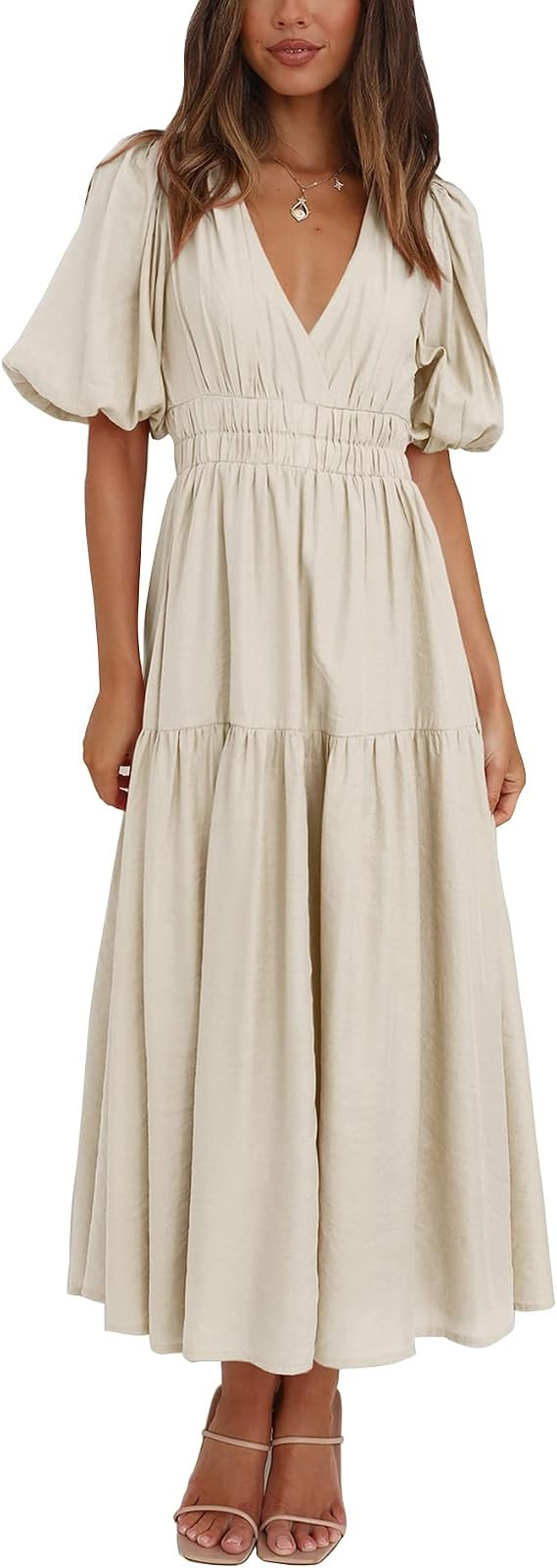 Lucrosun Women's Summer V Neck Short Puff Sleeve A Line Tiered Midi Dress | Amazon (US)
