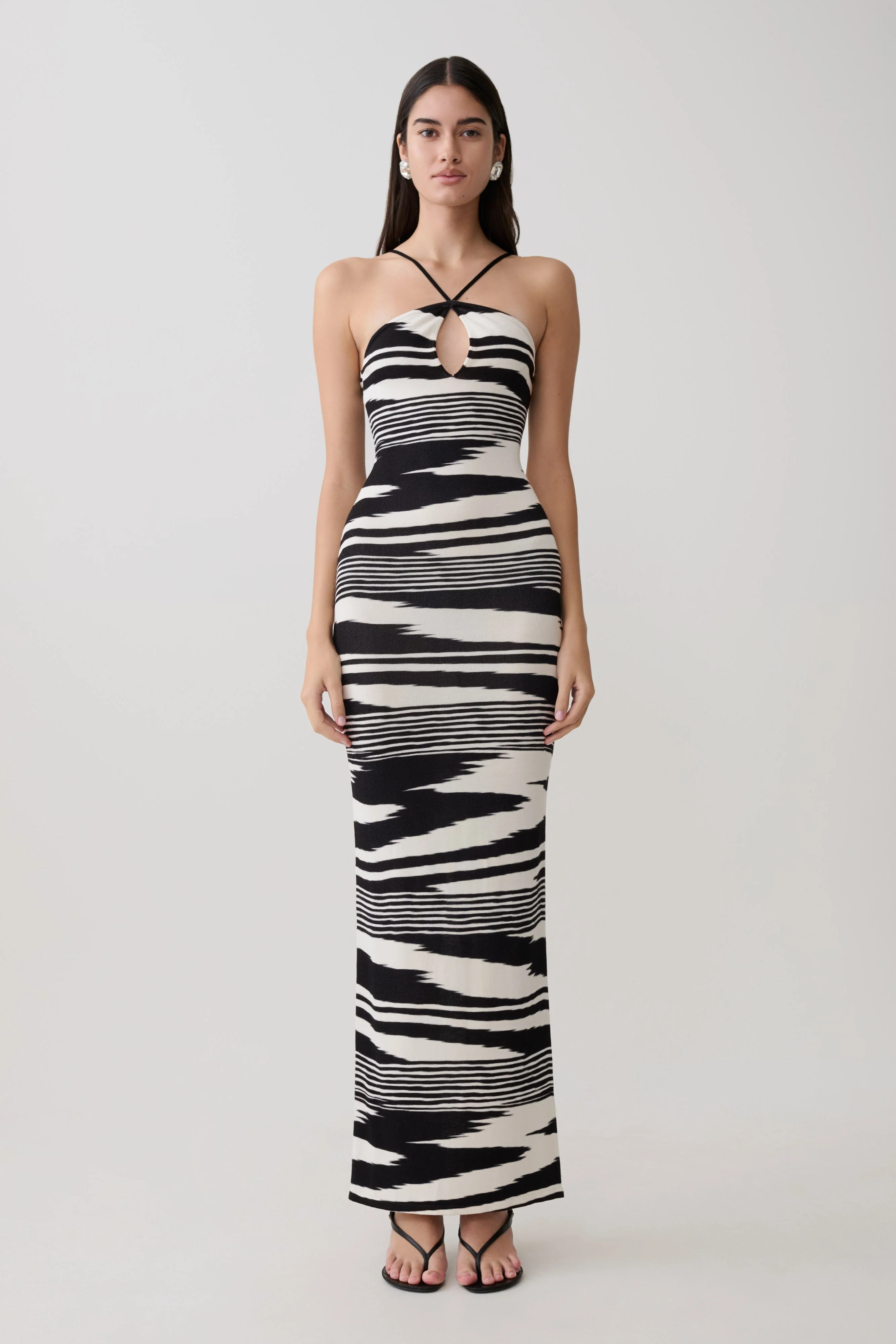 Ashtin Cross Front Knit Maxi Dress - Linear Shift Print | MESHKI US