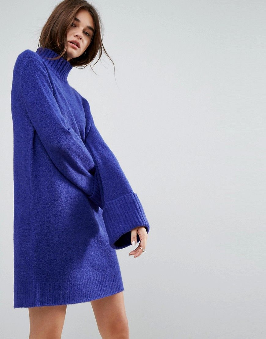 ASOS Knitted Swing Dress With Extreme Turn Back Cuff - Blue | ASOS US