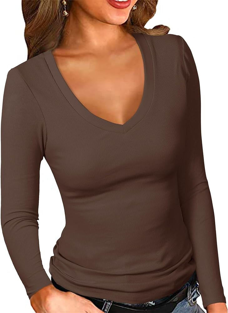PALINDA Women's Ribbed V Neck Slim Fitted T Shirts Basic Solid Long Sleeve Layering Tee Tops | Amazon (US)