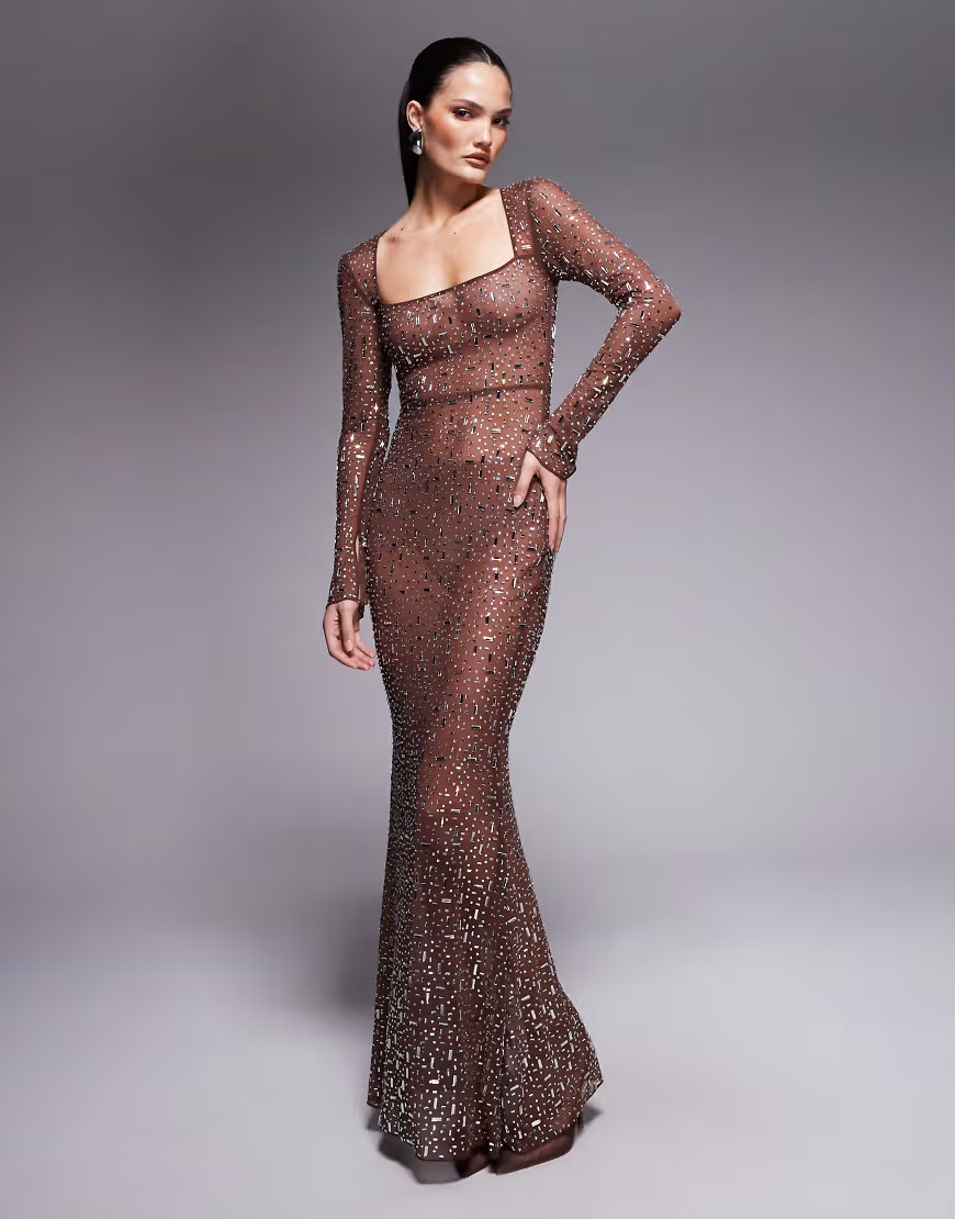 Oh Polly long sleeve bodycon hot fix embellished maxi dress in brown | ASOS (Global)