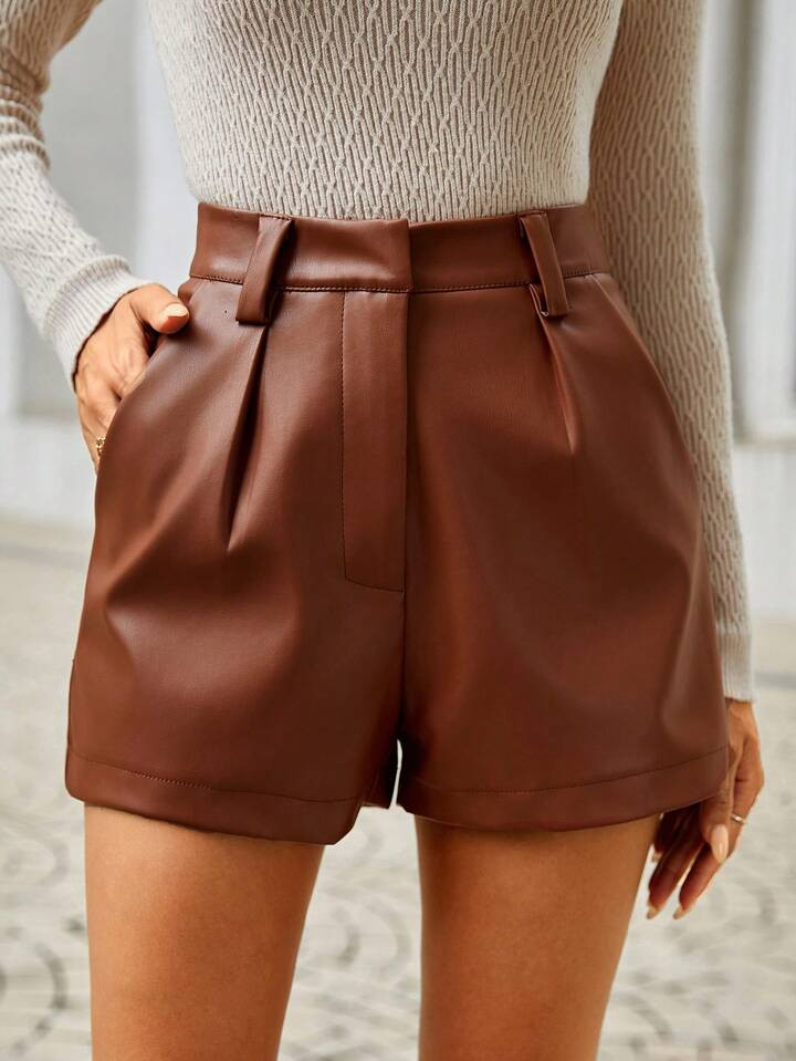 SHEIN Clasi Plicated Detail PU Leather Shorts | SHEIN