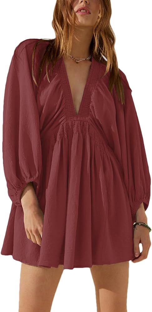 Women's Sexy Long Sleeve V Neck Tunic Dress Casual Loose Flowy Mini Swing Shift Dresses | Amazon (US)
