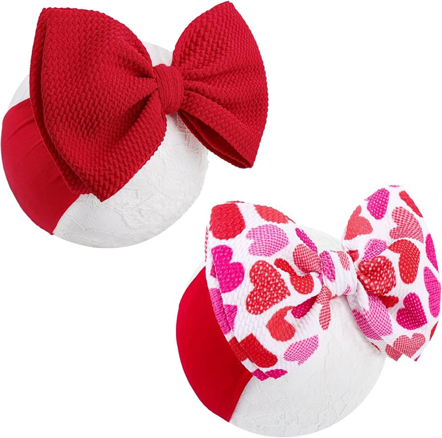 YanJie Valentine's Baby Bows Nylon Headbands Red Velvet Valentines Baby Girl Bows Handmade Stretc... | Amazon (US)