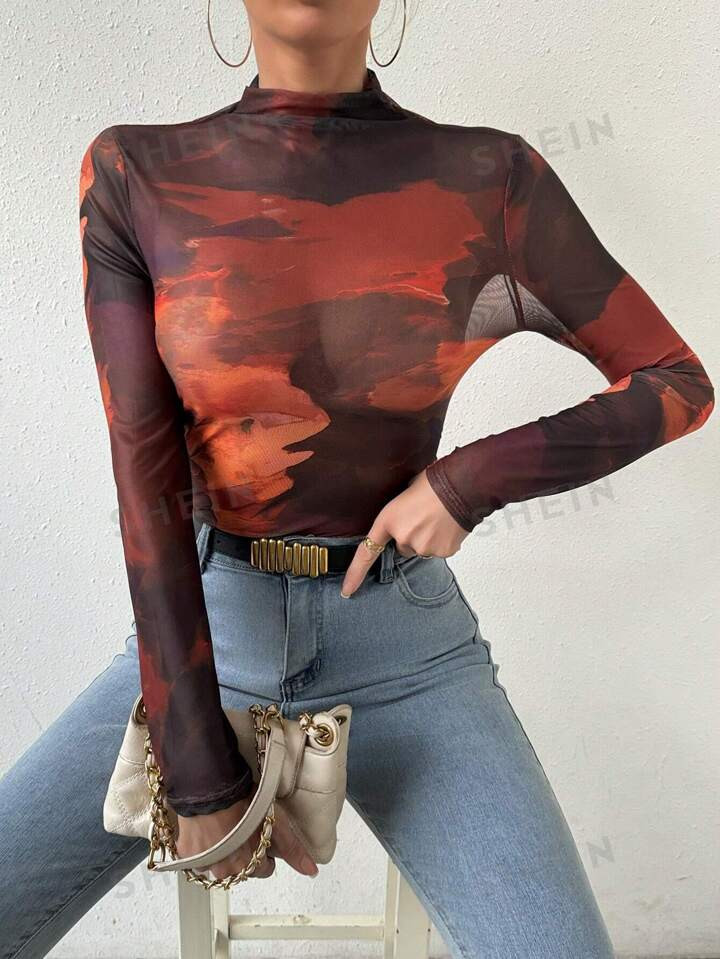 SHEIN Privé Ladies' Stand Collar Tie Dye Top | SHEIN USA | SHEIN