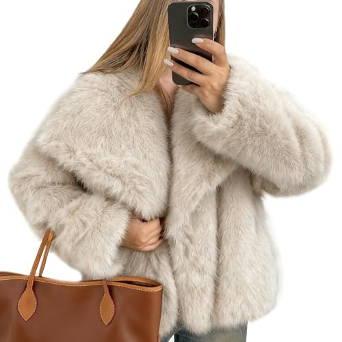 Flygo Women's Faux Fur Coat Fluffy Faux Fur Jacket Long Sleeve Lapel Furry Winter Jackets Shaggy Parka Short Coat, Beige, Medium | Amazon (CA)