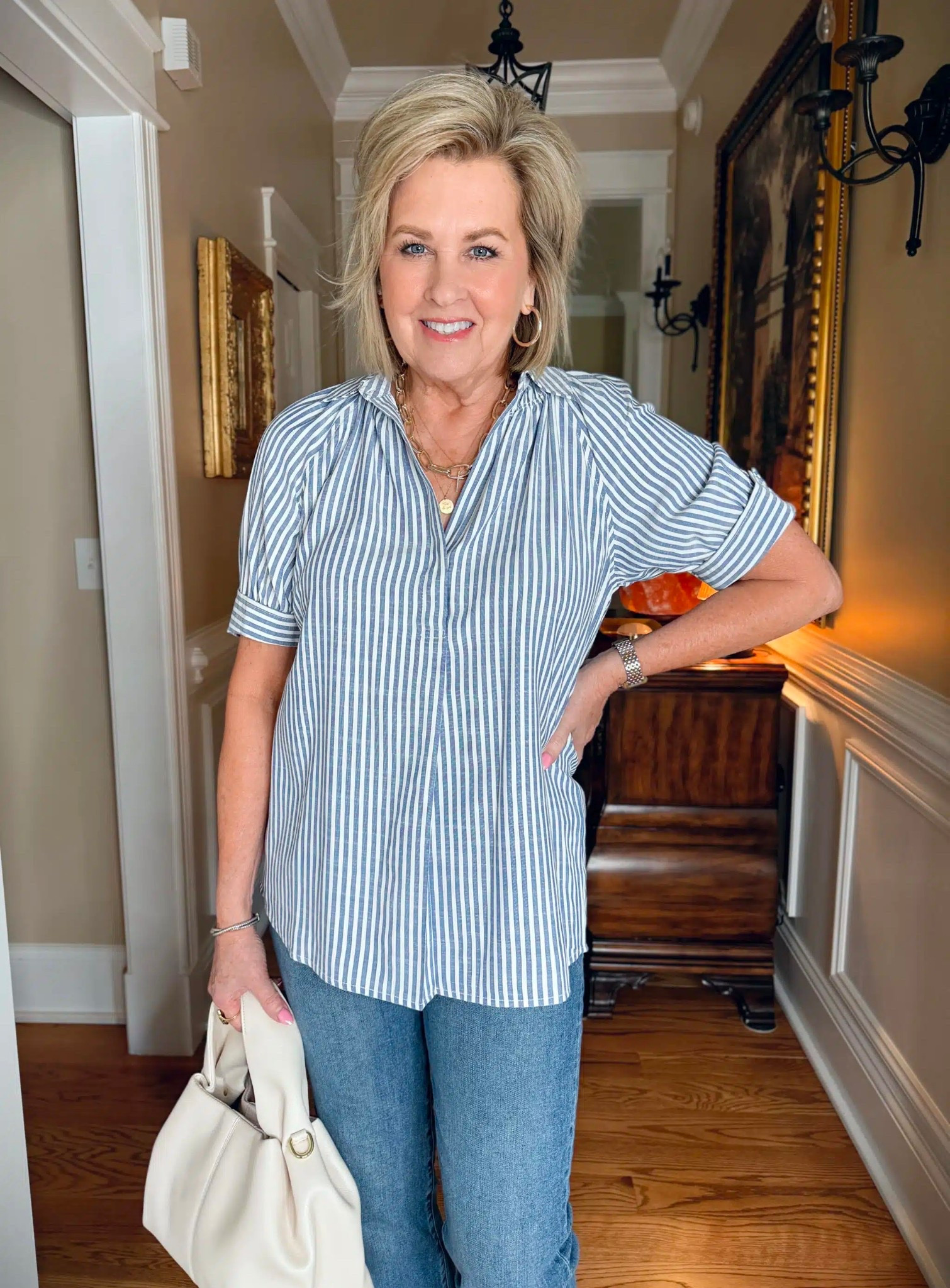 My striped blouse is a great lightweight piece to have for Spring. It also comes in a light tan color for a more neutral look. 

#LTKWorkwear #LTKOver40 #LTKootd