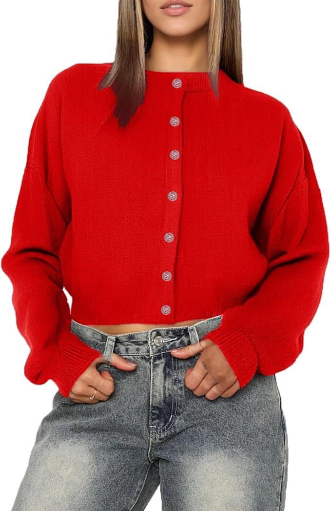 Cioatin Women Y2K Open Front Button Down Crop Sweater Cardigan Long Sleeve Lightweight Knit Pullo... | Amazon (US)