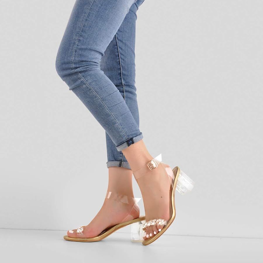 Yolkomo Women's Gold Rhinestone Mid Heel Sandals Clear Ankle Strap Crystal Studded Open Toe Sling... | Amazon (US)