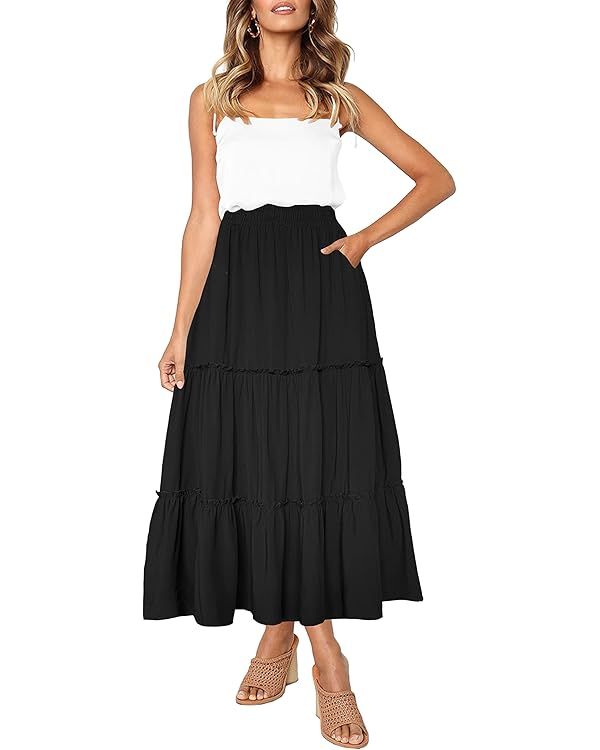 Afibi Womens High Waist A Line Ruffle Swing Long Maxi Skirt with Pockets | Amazon (US)