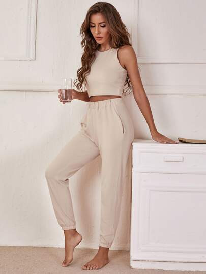 Solid Tank Top & Elastic Waist Pants Lounge Set | SHEIN