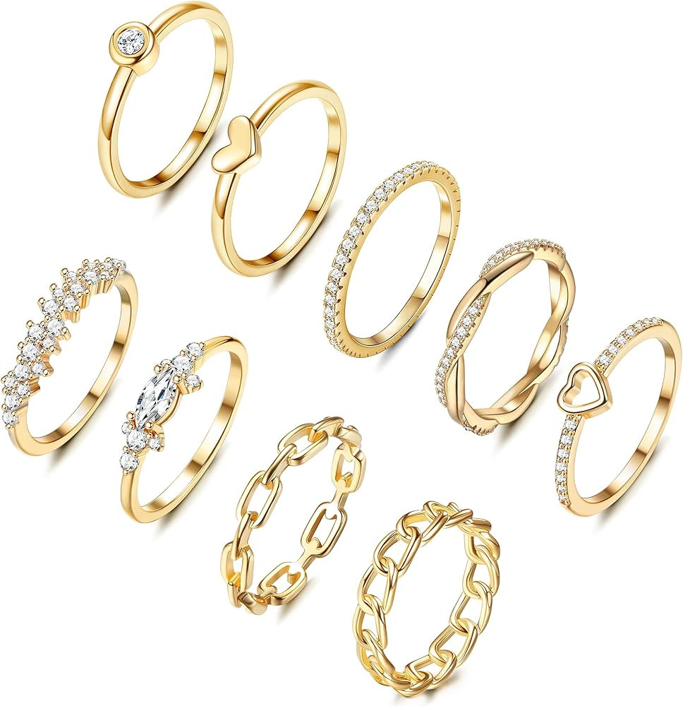 HAIAISO 9PCS 14K Gold Plated Stacking Rings for Women Stackable Knuckle CZ Heart Chain Link Gold ... | Amazon (US)