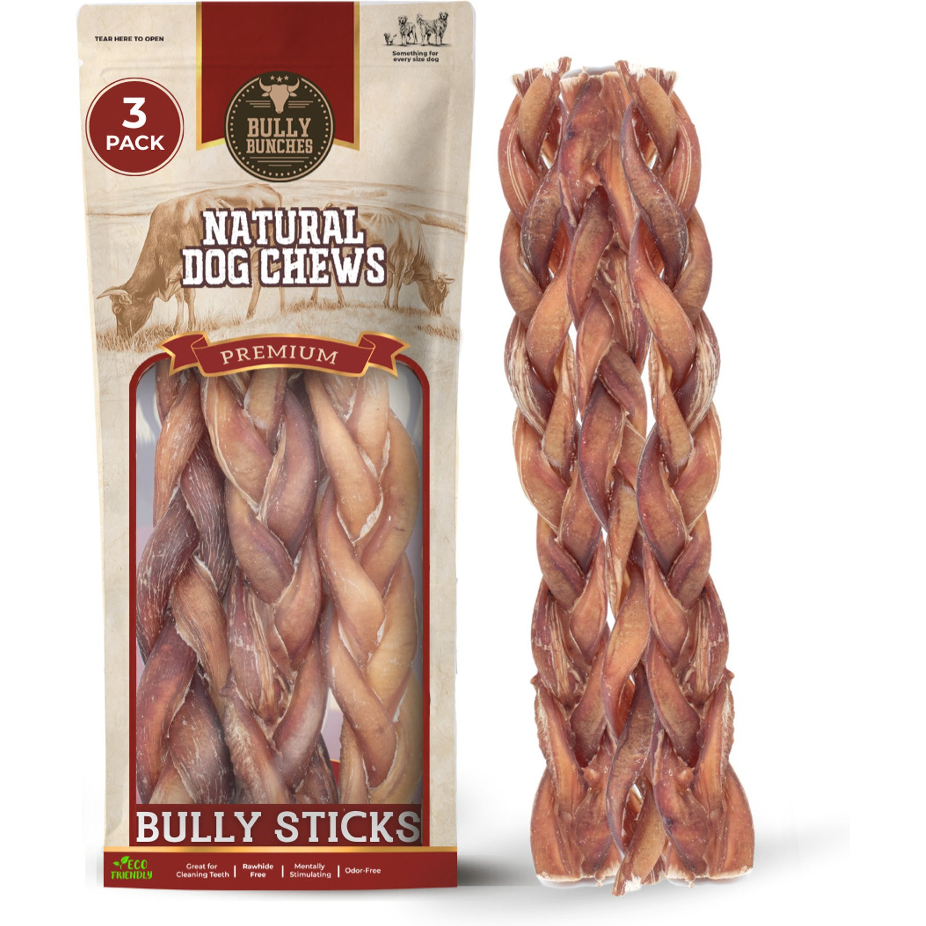 Bully Bunches 12-inch Standard Braided Bully Stick Dog Chew, 3 count | Chewy