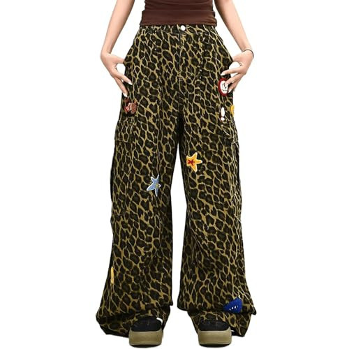 High Waisted Plus Size Baggy Jeans for Women Trendy Vintage Y2K Leopard Print Trousers Cargo Wide Leg Pants (3X-Large,Leopard) | Amazon (US)