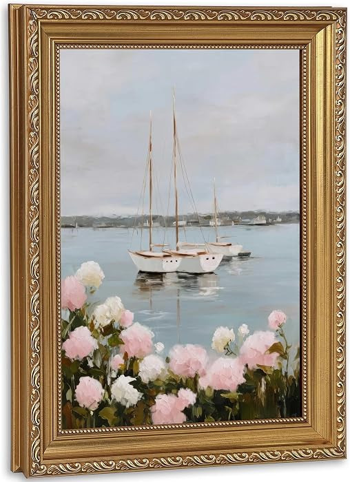 Vintage Gold Framed Coastal Wall Art - Sailboat Hydrangea Oil Painting Harbor Print, 12x16 Soft N... | Amazon (US)