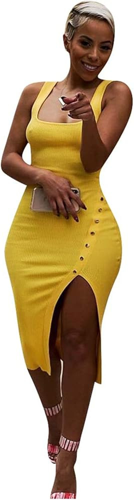 Salimdy Womens Sexy Soild Sleeveless Strap Tank Ribbed Buttons Side Split Bodycon Irregular Long ... | Amazon (US)