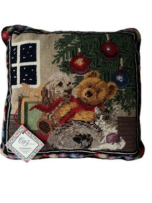 VTG C& F  100% Woolen Needlepoint Christmas Pillow Dog Bear Cat Black Velvet 94’ | eBay | eBay US