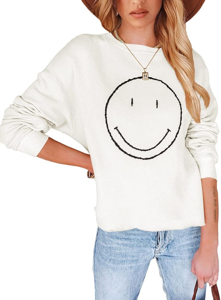 Pepochic Womens Crewneck Happy Face Sweatshirt Casual Long Sleeve Smile Graphic Pullover Tops Shirts | Amazon (US)