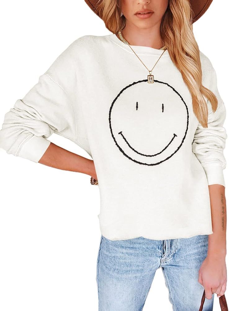 Pepochic Womens Crewneck Happy Face Sweatshirt Casual Long Sleeve Smile Graphic Pullover Tops Shirts | Amazon (US)