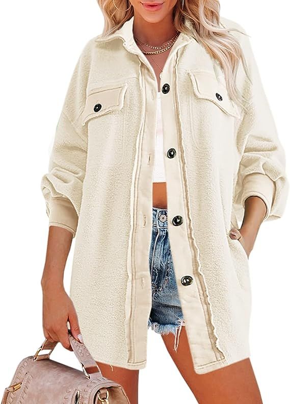 LAMISSCHE Womens Oversized Button Down Shacket Fuzzy Fleece Long Sleeve Jackets Warm Sherpa Colla... | Amazon (US)