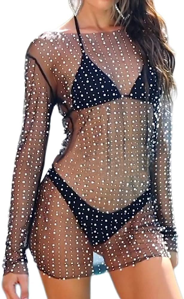 LOFAAC Women Sexy Pearl Rhinestone See Through Cover Up Dress Sheer Mesh Swimwear Bikini Beach Ba... | Amazon (US)