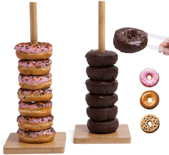 Bamboo Donut Stands for Dessert Table, Set of 2 w/ Tongs, Donut Holder Stand Party, Multipurpose ... | Amazon (US)