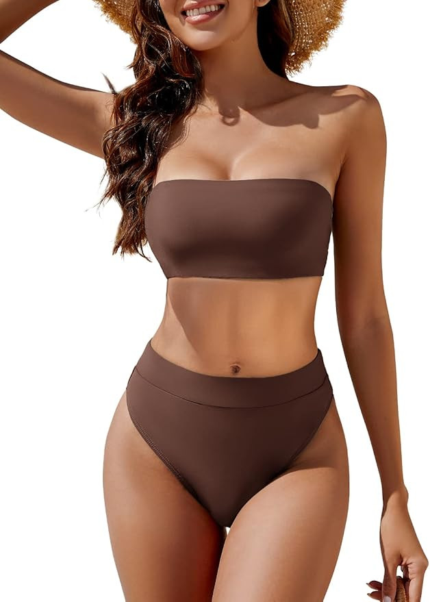YACUN Women's High Waisted Bikini Swimsuit Two Piece Strapless Bandeau Cheeky Bathing Suits | Amazon (US)