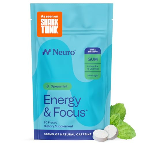 Neuro Energy & Focus Gum, Extra Strength - 100mg Natural Caffeine Gum & Nootropic Energy Supplement with L-Theanine & B Vitamins - Sugar Free, Vegan - Spearmint, 90ct | Amazon (US)