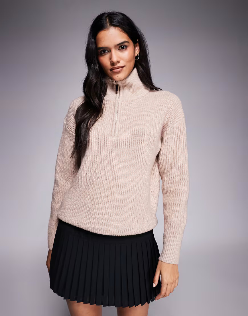 Aria Cove ribbed knit funnel neck 3/4 zip sweater in oat-Neutral | ASOS (Global)