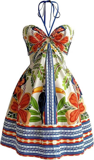 Floerns Women's Floral Halter Neck Vacation Dress Sleeveless Cut Out Boho Cami Dress | Amazon (US)