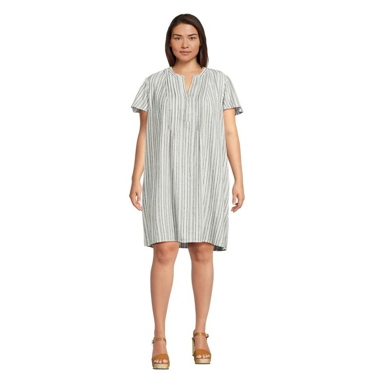 Terra & Sky Women's Plus Size Linen Blend Pintuck Dress with Flutter Sleeves - Walmart.com | Walmart (US)