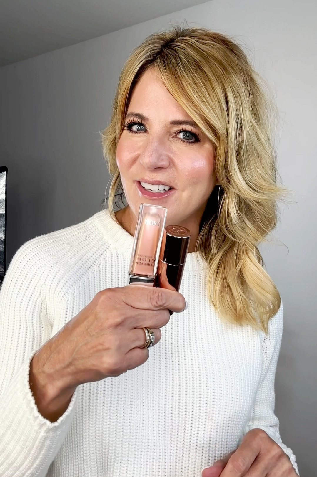 For the perfect peachy, dewy, illuminating glow:  Anastasia Beverly Hills cream blush in Peachy Keen and Dior Forever Glow Highlighter in Peachy!  

#LTKVideo #LTKOver40 #LTKSeasonal