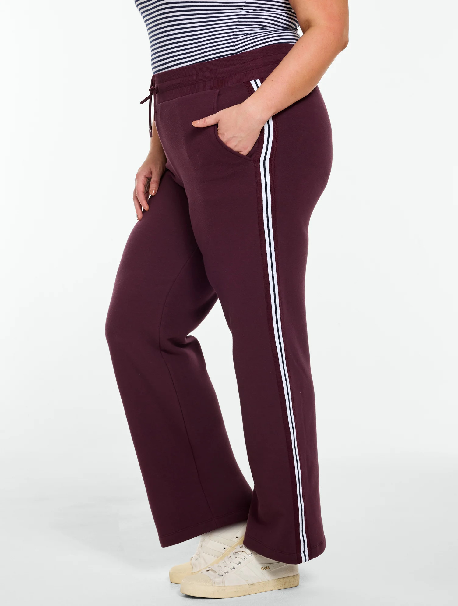 Cozy Fleece Wide Leg Pants - Side Stripe - Rich Burgundy - Large Talbots | Talbots