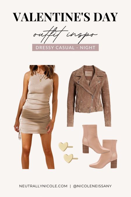 Dressy casual Valentine’s Day outfit idea - ruched side tie mini dress (comes in more colors + long sleeve), suede moto jacket, heeled boots, gold heart stud earrings - perfect for date night!

// Valentines, Valentines Day outfit, spring outfit, spring fashion, casual outfit, neutral, ootd, date night, Blank NYC, Lulus, Amazon, Gorjana #ltkunder100 #ltkshoecrush

#LTKstyletip #LTKFind #LTKunder50