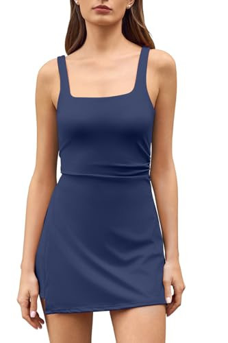 QINSEN Womens Athletic Dress Square Neck Low Back Cutout Tennis Dress Side Slit Stretchy Active Dress with Shorts Navy M | Amazon (US)