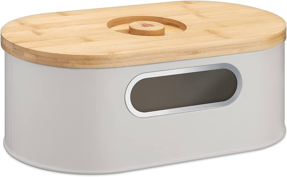 Navaris Metal Bread Box with Lid - Cream Color Container with Window and Bamboo Wood Cutting Boar... | Amazon (US)