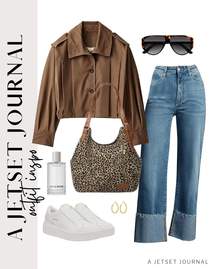 You can also wear this stylish dark brown cropped pleated jacket from CUFEZN with high-waisted straight-leg jeans. The jacket’s pleat detail adds structure and style. For this look, we can wear a pair of Sorel Ona Ave slip-on sneakers and carry a Worldlyda canvas purse. These chunky gold hoop earrings match this fit. 

 #LTKSeasonal #LTKSaleAlert #LTKTravel