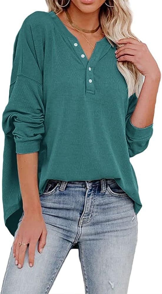 Dressmine Women's V Neck Henley Shirts Long Sleeve Casual Loose Tunic Tops Pullover Sweatshirt... | Amazon (US)