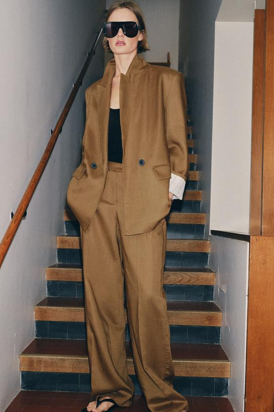 DOUBLE BREASTED LINEN BLAZER WITH ROLLED-UP SLEEVES | Zara US