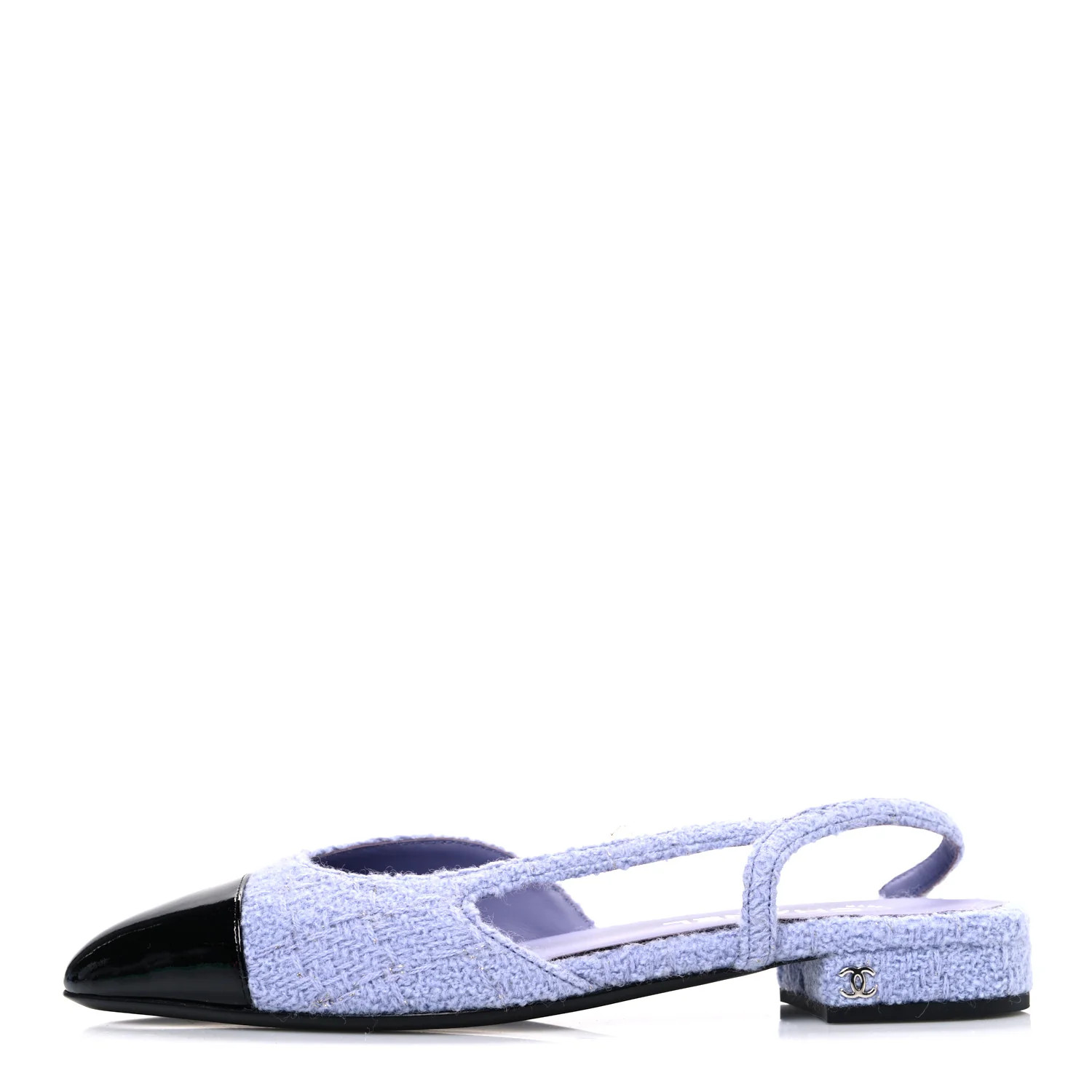 Iridescent Wool Tweed Patent Cap Toe CC Slingback Flats 39.5 Light Purple Silver Black | FASHIONPHILE (US)
